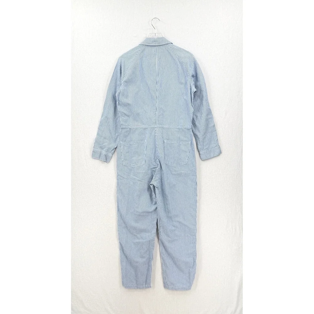 OUTERKNOWN Station Jumpsuit Women Small Blue Railroad Striped Utility Coveralls